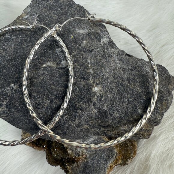 Silver Tone Twisted Hoop Pierced Earrings 2" Drop - Picture 2 of 5